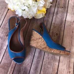 {NY&CO} Blue & Cognac Cork Wedge Peep Toe Sandals